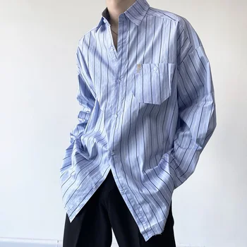 2021, есенни ризи в корейски стил в стил ретро, мъжки ежедневни свободни ризи в дивата синята ивица, M-XL