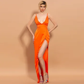 2021 Нови Сексуални оранжеви вечерни рокли с дълбоко V-образно деколте, дамски официални рокли с висока облегалка и намаляване на спагети презрамки по Цялата Дължина, нередовен клуб халати