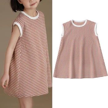 2023 Години на детски дрехи за деца, корейското модно ежедневното клетчатое хубава рокля без ръкави за малки момичета, детски дрехи BC472