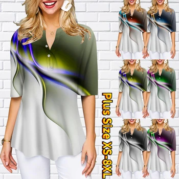 2023, Женски модерен пуловер с принтом, Дамски Ежедневни Свободна тениска с три копчета и къс ръкав, Летен Нов Топ Тениска с V-образно деколте
