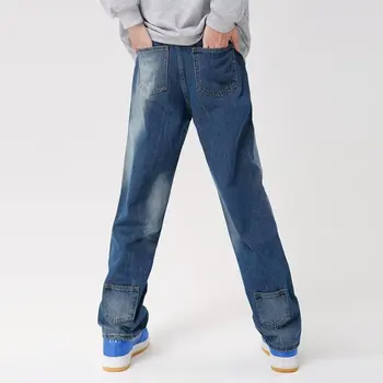 2023 Корейски Модни Задните Джобове, Сини Широки панталони Мъжки Дънки в стил Хип-Хоп, Директни Ежедневни Удобни Универсални Дънкови Панталони Pantaloni Uomo