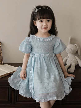 2023 Лятна рокля за момиче с дълъг ръкав-на мехура и кръгло деколте, лека однотонная пола, детски рокли за момичета 4-6 години
