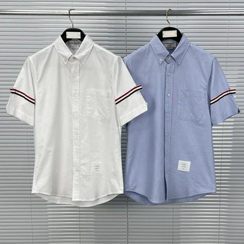2023 Модни маркови ризи TB води до пренебрегване том, мъжки ежедневни риза Slim Fit с къс ръкав, раирана лятна Оксфорд бяла однотонная мъжки дрехи