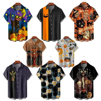 2023 Нови Мъжки Хавайски Ризи Размер Плюс, Ежедневни Засаждане, Копчета С Ревери, Елементи от Дизайна на Хелоуин, Модни Дрехи за Мъже