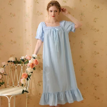 2023 Пижамное рокля в дворцов стил, Женски лятно памучно дълга секси рокля на френската принцеса в ретро стил с къс ръкав, дълги нощници, пижами однотонная