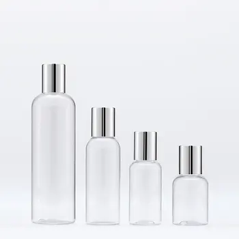 50/75/100/250 мл Козметични прозрачен празна пластмасова бутилка за шампоан, тоник, серум, лосион със сребърен капак на винт