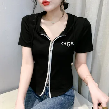 #6120, черна, Бяла, зелена тениска с качулка, женска тениска с цип, тънка къса градинска тениска в корейски стил, секси топ, женски годишният къс ръкав
