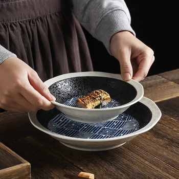 9-Инчов японската керамична чиния десерт за суши за закуска, посуда за ресторант на хотела, лесна домашна кръгла дълбока чиния за предястие от основни ястия
