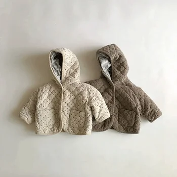 9534E Детски дрехи, палто с памучна подплата и качулка, зимно-пролетното палто в вълнообразни грах за малки момчета, яке с памучна подплата и качулка за момичета