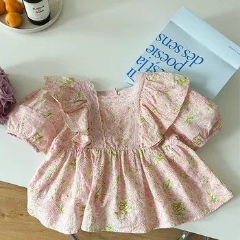 deer jonmi 2023 Летни розови блузи принцеса за момиченца с кружевными волани и пищните ръкави в корейски стил за деца, красиви ризи за деца