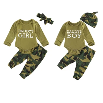 FOCUSNORM 0-12 м, комплекти дрехи за новородени момчета и момичета, камуфляжный гащеризон с писмото принтом, панталони с дълъг ръкав, Превръзка на главата/Шапки