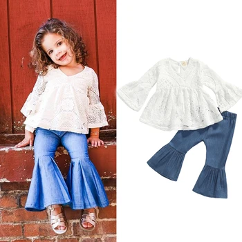 FOCUSNORM / Есенни Комплекти Дрехи за малките момичета, 2 броя, Дантелени Ризи с дълги ръкави и набори на цветенце + Дънкови разкроена Панталони от 1 до 5 години