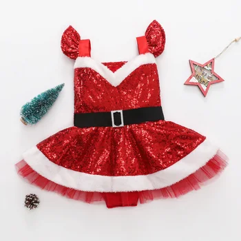 FOCUSNORM/Коледен гащеризон/рокля на принцеса за момиченца с меховыми ръкави-мухи, дантелени тела в стил мозайка с пайети или премяна