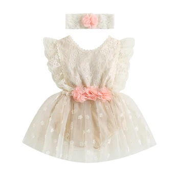FOCUSNORM/ лятото е сладка рокля-нагоре костюм на принцеса за Момиченца 0-18 м, 2 броя, мрежести яка, къс ръкав, тънки тела с Цветя