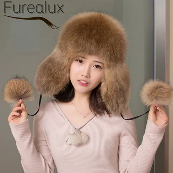 FUREALUX Капачка от естествен лисьего кожа Модни цели кожена защита за ушите от вятъра Есен зима Топла дамска шапка от кожа енотовидной кучета в монголски стил