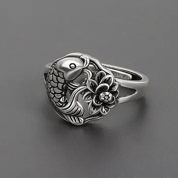 Jianery Оригинален дизайн, богемное ретро пръстен с цветя, Рибки и Лотос за жени, Модни отворен пръстен на палеца, дамски бижута в стил бохо