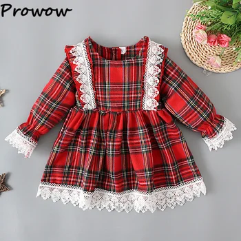 Prowow, есенно-зимно детско парти за момичета, дантелено клетчатое червена рокля с дълъг ръкав, празнична рокля за партита, детски дрехи принцеса 12 м-5 години