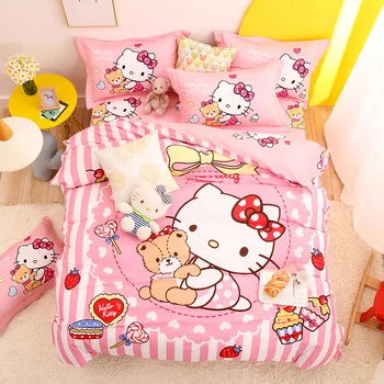 Sanrio hello kitty, памучно спално бельо, комплект спално бельо с анимационни герои за момичета, 100% памук, детско спално бельо, чаршаф, калъфка за възглавница