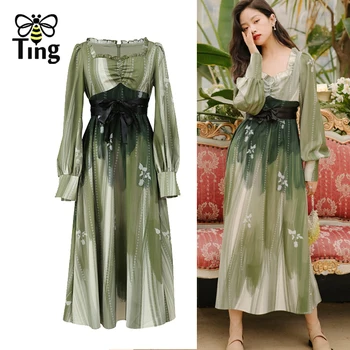 Tingfly Викториански Реколта Елегантен квадратен силует с рюшами Зелен Цвят на Цветя Midi Дълга рокля Дама Шик Висококачествени халати Elbise