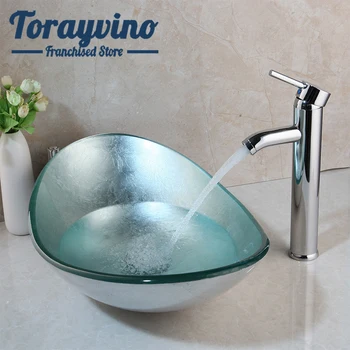 Torayvino Овална мивка за баня, Плот от закалено стъкло Набор от смесители за мивки на Месинг кран Тоалетка