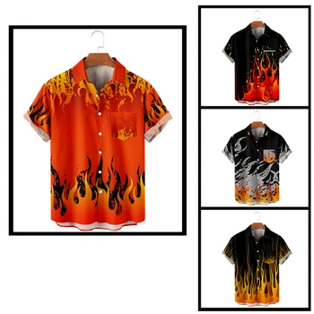 Y2k, ежедневни ризи с копчета за мъже, стил Пламък, Harajuku, цветен блок, градинска риза с къс ръкав