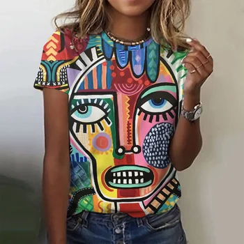 Абстрактна дамски тениски с 3D принтом лице, ежедневни годишната свободна риза в стил харадзюку с кръгло деколте и къс ръкав за жени, пуловер