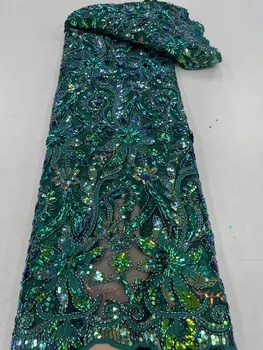 Африканска мрежа лейси плат с пайети, луксозно ръчна бродерия на мъниста, тюлевые дантелен плат за Нигерия, материал за шиене на сватбена рокля QF0737
