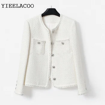 Бели дамски твидовая яке, палто, вълнена, дамски пролетно-есенно-зимни класическа яке, модерен тъкани топ с аромат на