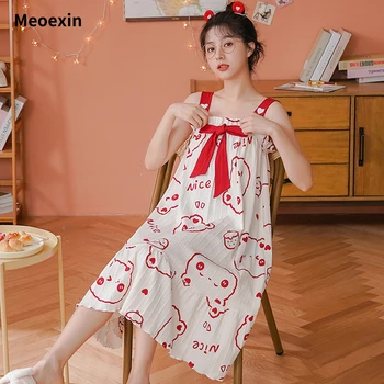 Бельо Дамско лятно памучно японска сладка рокля Свободно, намаляване и домашно облекло пижама с къдри на спагети презрамки на едро