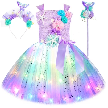 Блестящи led светлини, костюми на малката русалка за момичета, цветя, рокли на принцеси 