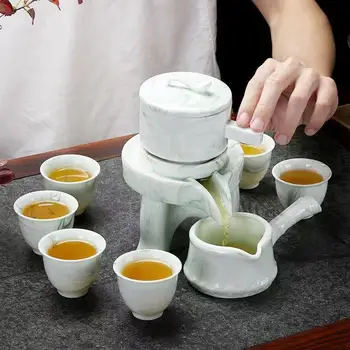 Висококачествен чай в ивица от мрамор, полуавтоматични чай комплект за шлайфане на камък, китайски чайник, кана за кафе, Гайвань, чаши и чаши, чаени чаши