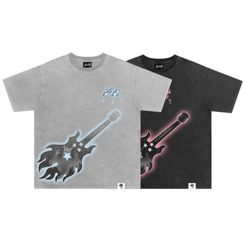 Градинска памучен тениска Y2KT в стил Хип-хоп, Лятна Ежедневни тениска Рок-група 2023, Модерен Топ с кръгло деколте и къси ръкави с Гитарным Принтом, Мъжки Дрехи