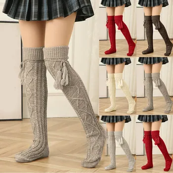 Дамски есен-зима обикновена дишащи плетени чорапи над коляното с ресни