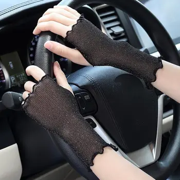 Дамски Летни прозрачни блестящи мрежести ръкавици с рюшами, защита от ултравиолетови лъчи, еластични Ръкавици на половината от пръст, тънка Ръкавица без пръсти