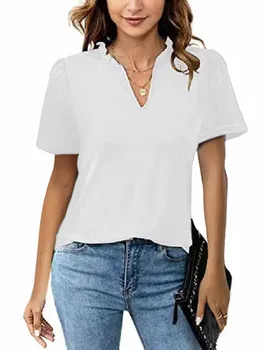 Дамски пролетно-лятна тениска, риза модерен оверсайз с къс ръкав, дамски пуловер с V-образно деколте, обикновен дамски блузи
