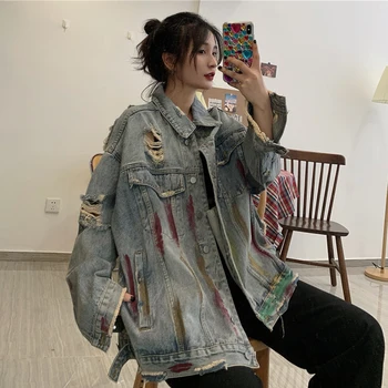 Дамско яке, в корейски стил, свободно винтажное модно джинсовое палто, градинска дамски дънкови яке с принтом графити, топла разпродажба