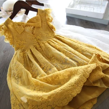 Дантелено рокля с бродерия на цветя за момичета, ежедневно облекло с къси ръкави, бебешки дрехи за рожден ден на принцеса, вечерна рокля