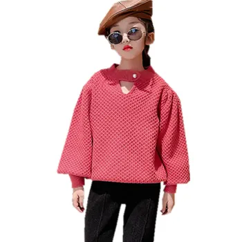 Детски модерен пуловер с изрези за момичета, свободен ден за ден пуловер с пищни ръкави, елегантни детски обикновен плътен костюми