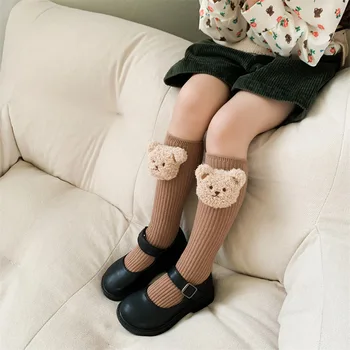 Детски чорапи, нови детски чорапи за момчета до коляното, дълги меки памучни чорапи, с хубави мечка, Чорапи за малки момичета 2-8 години, зимни дрехи