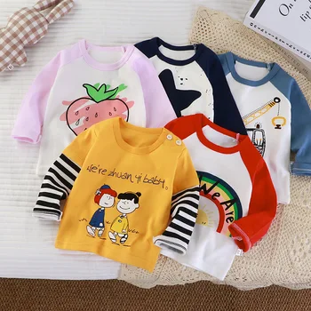 Детско бельо, блузи, памучен тениски с анимационни принтом за малки момчета и момичета, пролетно облекло за деца с дълги ръкави, Корея