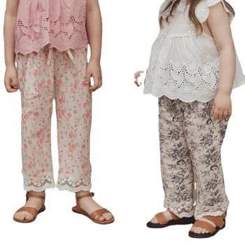 Дълги панталони с дантелен шевове и цветен печат за малки момичета, летни памучни панталони принцеси за момичета, панталони с еластична талия CC158