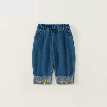 Дънки за момичета, пролетно-есенни ежедневните свободни сини дънкови панталони с шарките на цвете/Таралеж, бродирани в стил мозайка, дънки с еластична гумена лента на талията