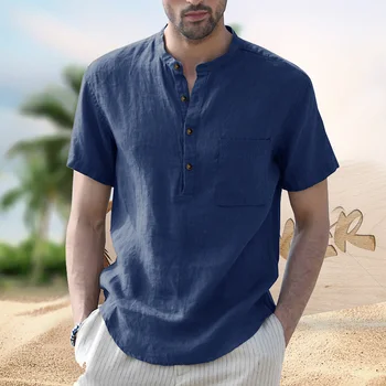 Ежедневни мъжки памучни ленени ризи Henley, летни обикновена риза за плажната йога, върхове, хавайска риза с къс ръкав, размер САЩ
