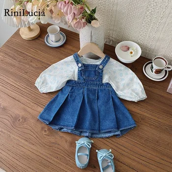Есенен детски комплект RiniLucia, риза с дълги ръкави и цветен модел, джинсовое рокля, дрехи от 2 теми, комплект дрехи за момиченца, дрехи за деца, Нова