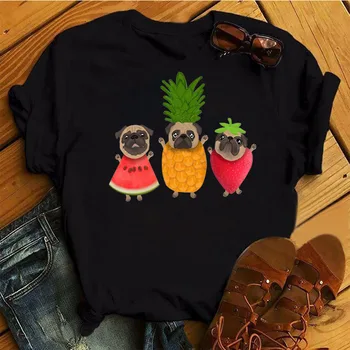 Жена топ Kawaii Fruit Dog с шарките на Диня и ягоди, Лятна мода Дамска тениска, Дамски Ежедневни черна тениска