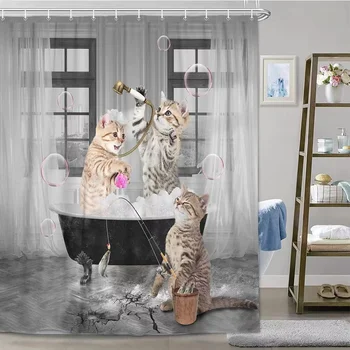 Завеса за душ със забавна котка, едно Забавно животно във вана с рибки, Тъканно завеса за душ с весели домашни любимци, определени декор за баня с куки