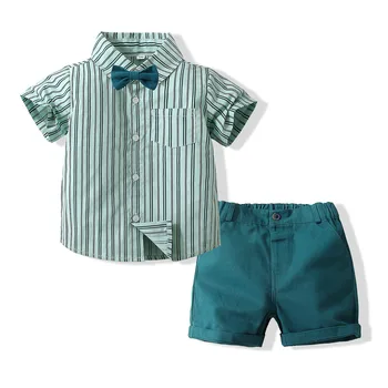 Зелена летни дрехи за деца, модни дрехи за момчета 2-6 години, мек памук костюм от 3 теми, тениска на райета, къси панталони, детски ежедневни облекла