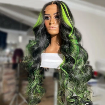 Зелена светлина, перуки, изработени от човешка коса, 13x4 Дълги вълнообразни дантелени предни перуки за жени, боядисани в зелен цвят, 13x6 HD Реми, вълнообразни дантелени предни перуки