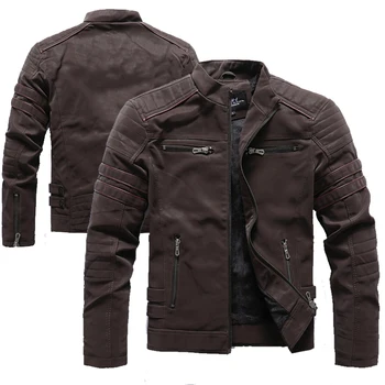 Зимна мотоциклетът яке от изкуствена кожа за мъже 2023, винтажное флисовое топло кожени палта с множество джобове, мъжки есенни якета с цип