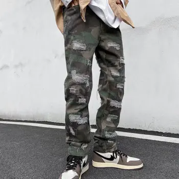 Камуфляжные прави дънки Harajuku за мъже, градинска облекло в стил хип-хоп, оръфан скъсани дънкови панталони в стил хип-хоп, току-що измити, разрушени дънкови панталони